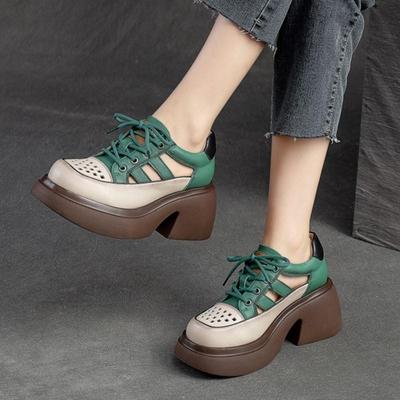 Sandali stringati con suola spessa in vera pelle retrò da donna con punta tonda scarpe con tacco spesso scavate