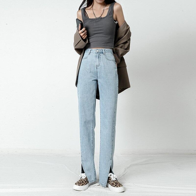 

Корейская мода для отдыха High Street расклешенные джинсы женская одежда эластичные джинсовые брюки женские с высокой талией винтажные трендовые джинсы с разрезом XXXXXL светло-синий