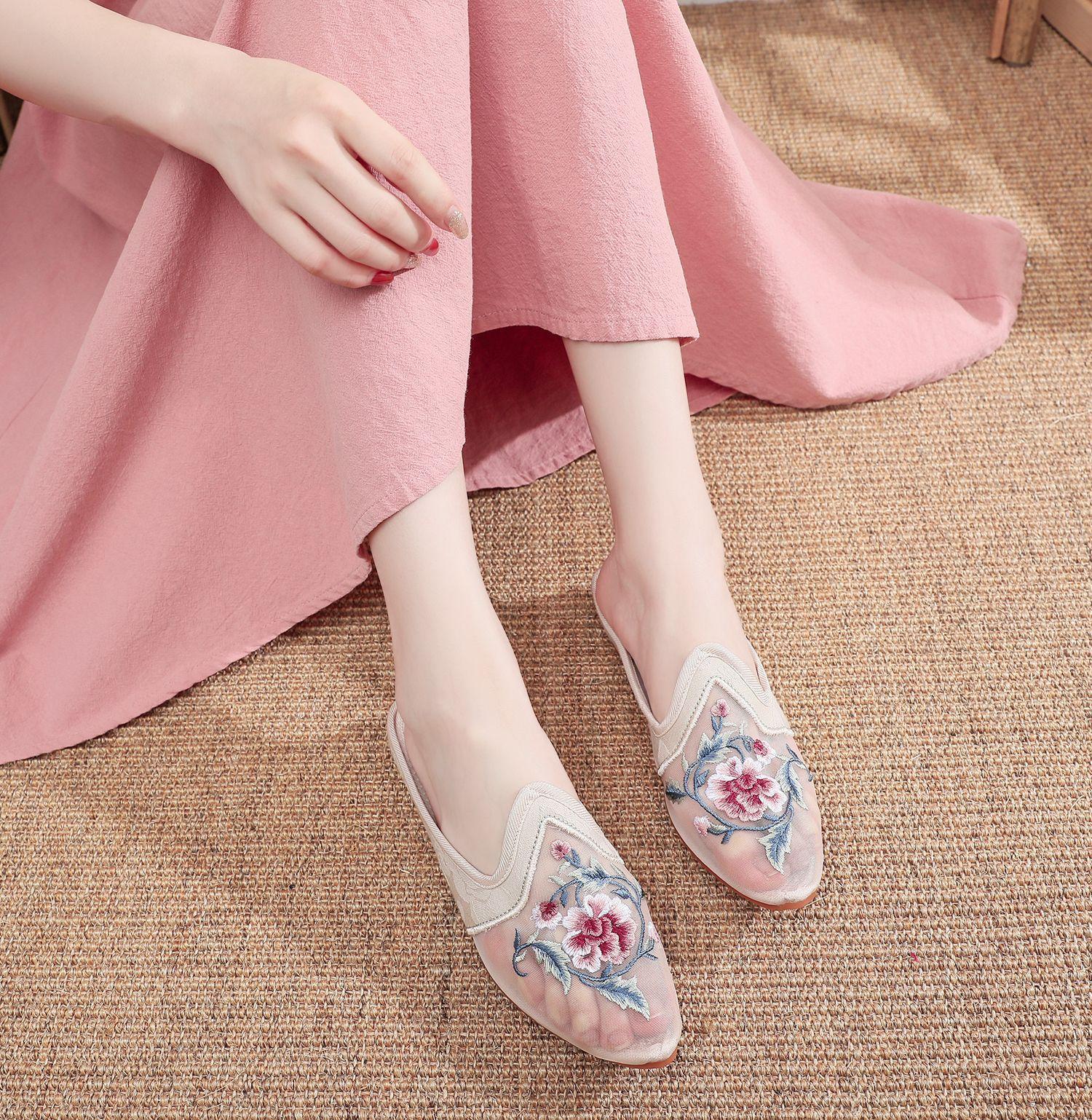 

Тапочки, сетчатая обувь, тапочки с плоской подошвой из говяжьей жилы, сетчатые тапочки с вышивкой, тапочки из цветочной ткани, повседневные женские сандалии 41