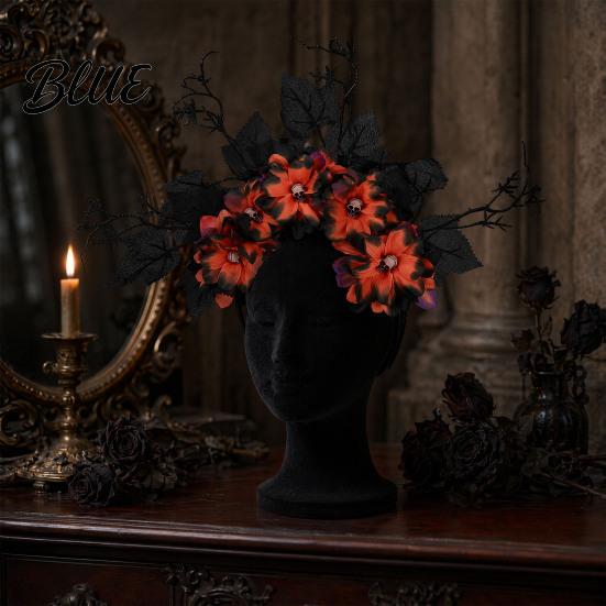 Toter Ast Haarschmuck Halloween Reifen Flexible Basis Stirnband mit 3D Mehrschichtigem Blumendesign Gruselige Blume Totenkopfkrone Handgefertigt Stoff