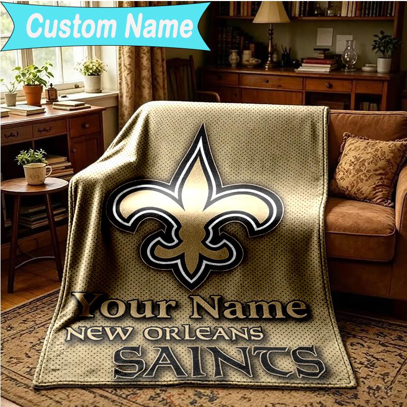 1PC Custom Name Blanket Orleans Saints Logo Flannel blankets Patterns Throw Blanket All-Season Soft Gift for Couch, Bed, Camping, Birthday gifts