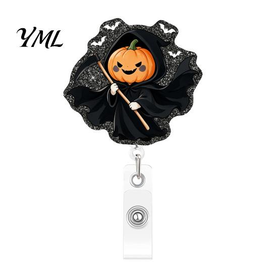 Retractable Badge Holder Halloween Reel, Cute Pumpkin And Grim Reaper Design, Acrylic Party Gift Smooth Pull Cord Clip for Nurse Doctor Teacher
