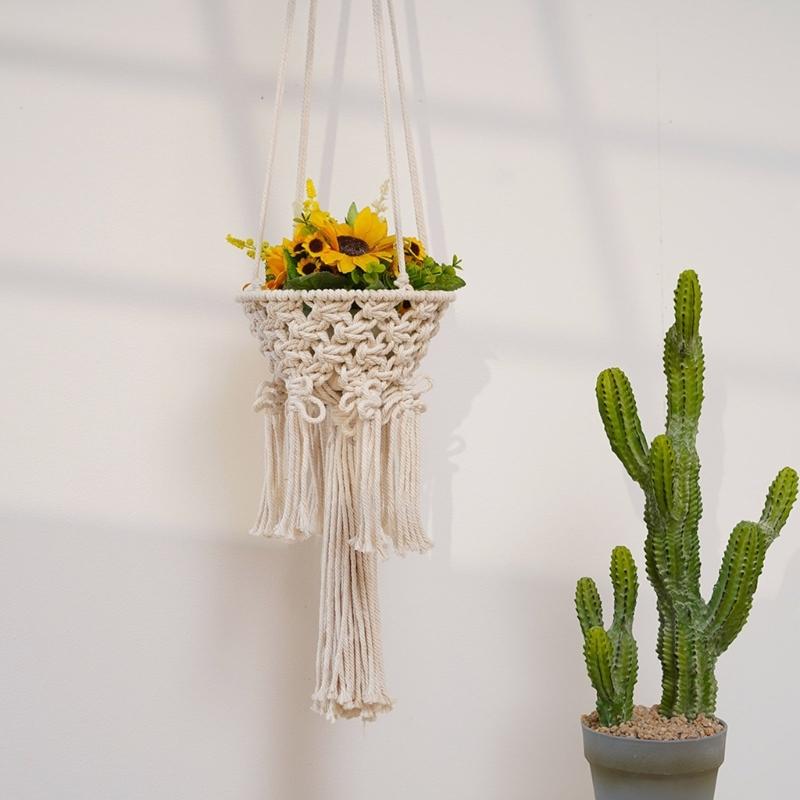 Handwoven Plant Holder With Natural Cotton Rope Wall Mounted Planter Basket For Indoor Outdoor Garden Decoration