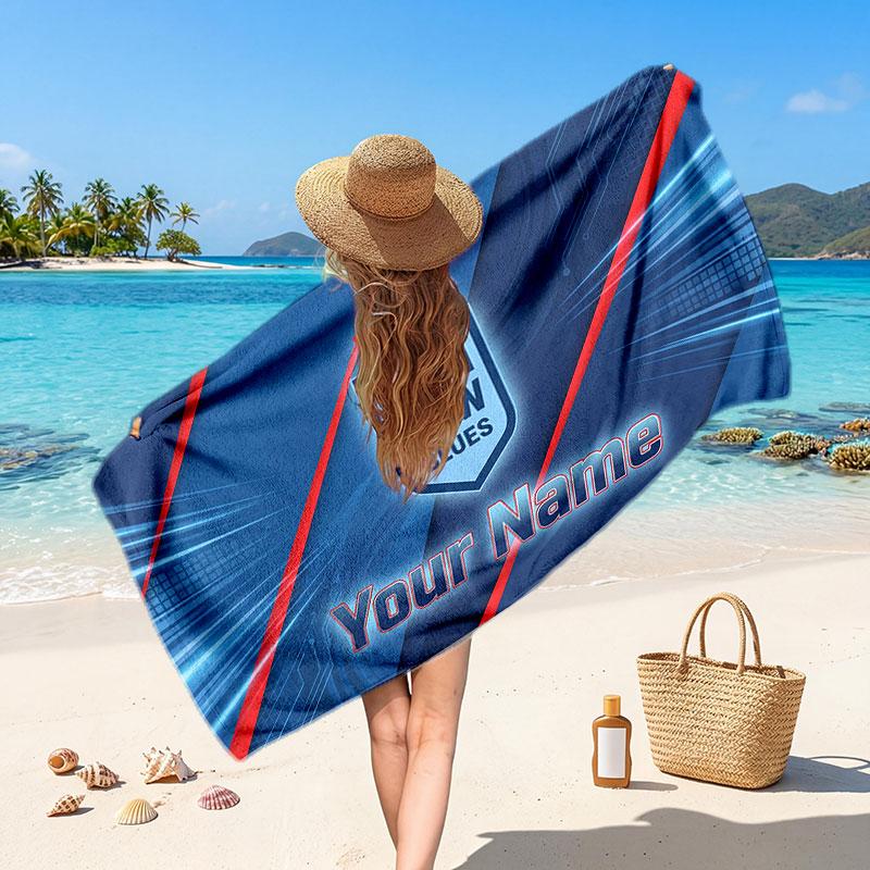 NSW Blues Customized Name Text Beach Towel, Soft Absorbent Towel Beach Pool Travel Personal Gift