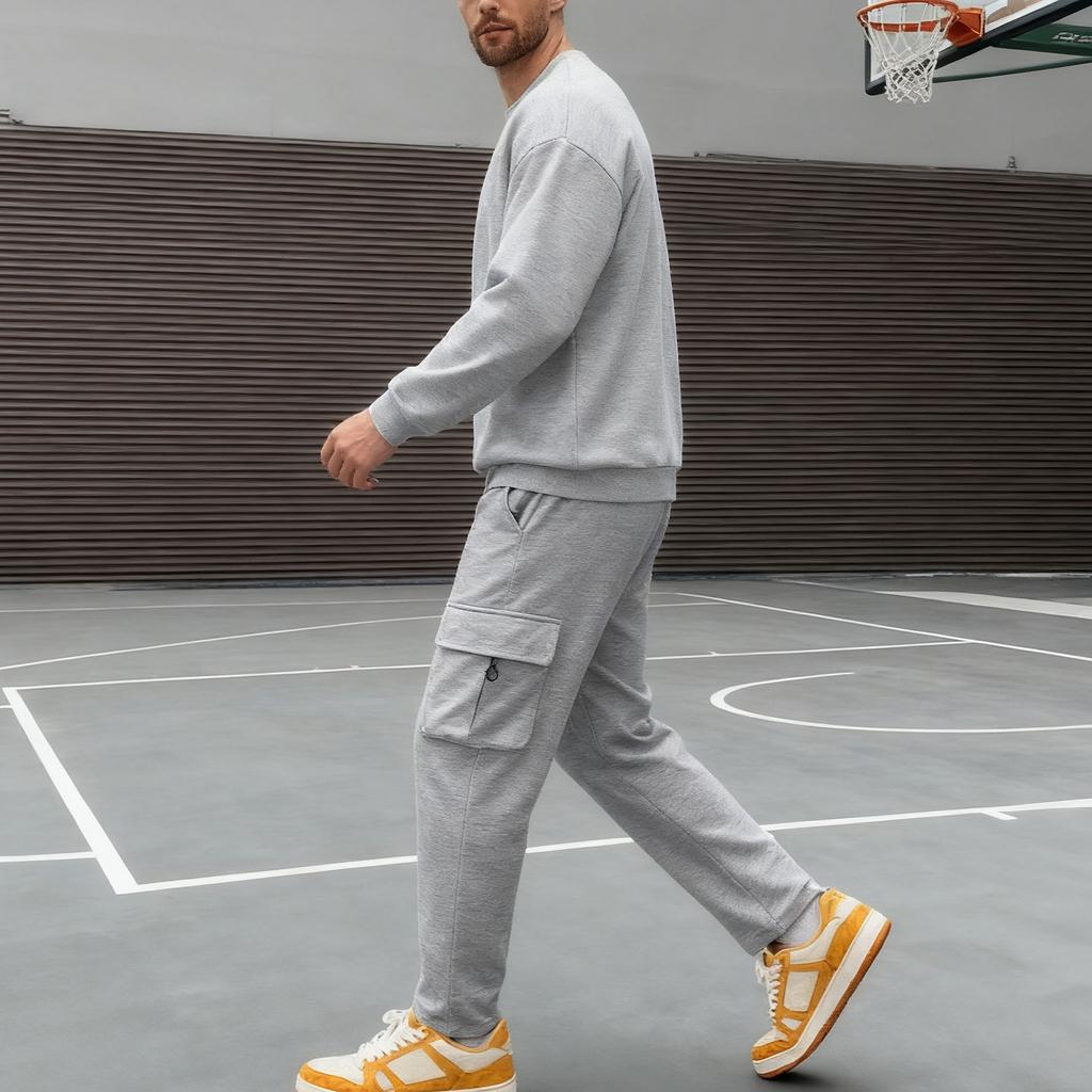 Men's Casual Sportswear Set Autumn/Winter Fleece-Lined Heavyweight Oversized Long-Sleeved Crew Neck Sweatshirt and Trousers Set