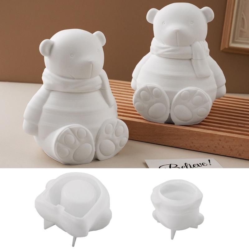 Bear Statue Resin Jar Molds Candle Cup Silicone Mould with Lid for Making Candle Container Chocolate Holiday Decoration