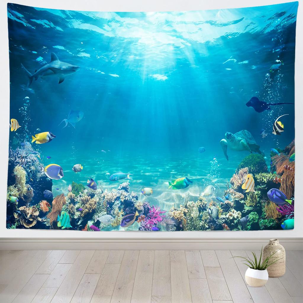 Underwater World Tapestry Blue Ocean Wall Hanging Under The Sea Coral Reef Wall Tapestry Tropical Fish Tank Undersea Tapestries