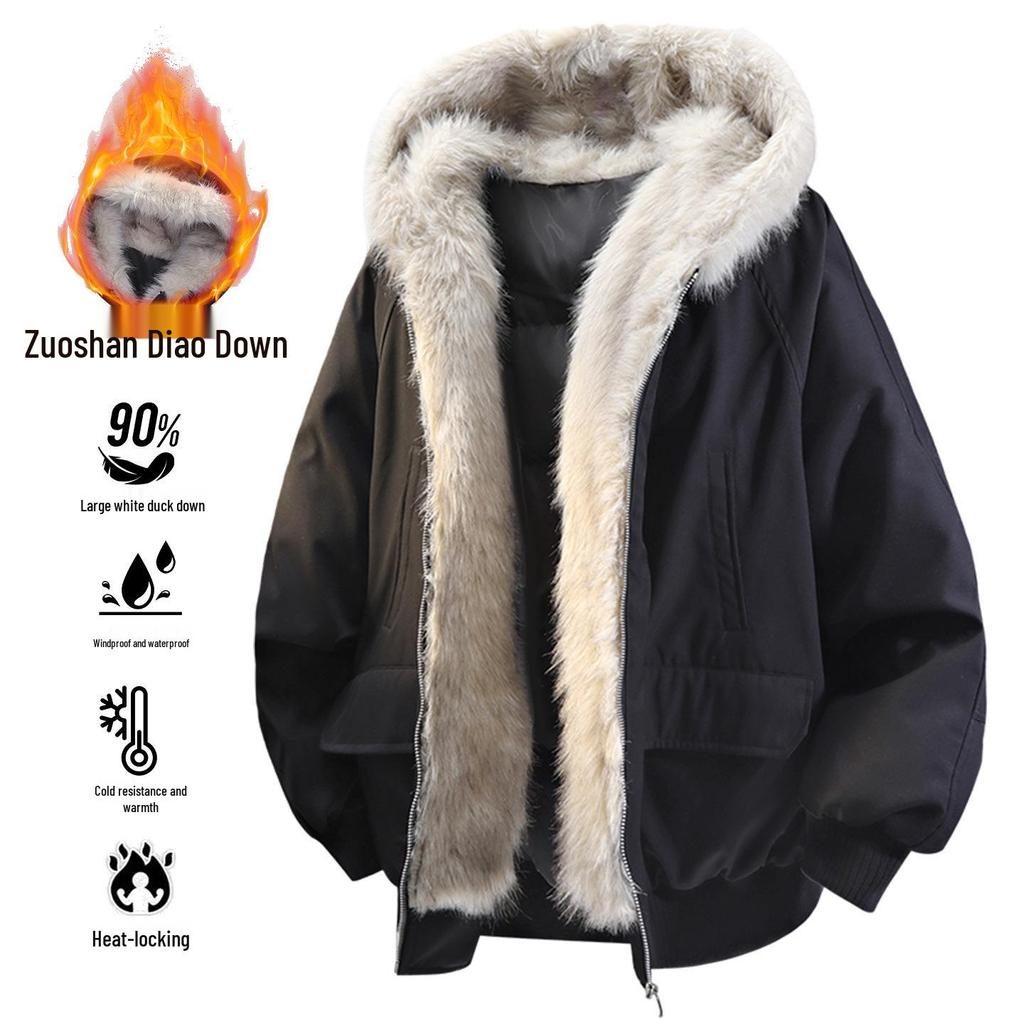 Jaqueta de Neve Masculina Retro com Capuz, Estampa Leopardo das Neves, Gola de Pelo Genuíno, 90% Penugem de Pato, Estilo Curto para Exterior.