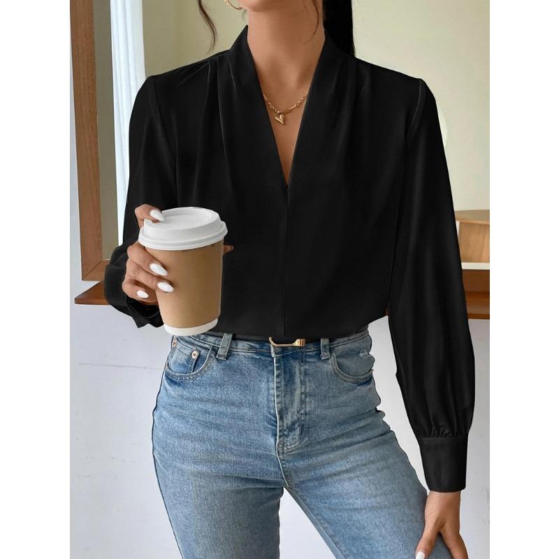 New Satin Satin Shirt for Women Spring Autumn Loose V-neck Top Blouses