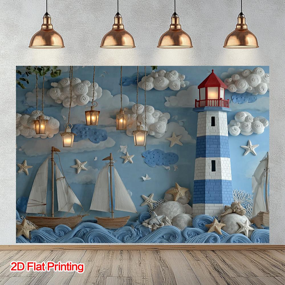 One 2D flat-printed maritime lighthouse, sailing ship and decorative background, made of polyester fabric, for home use.