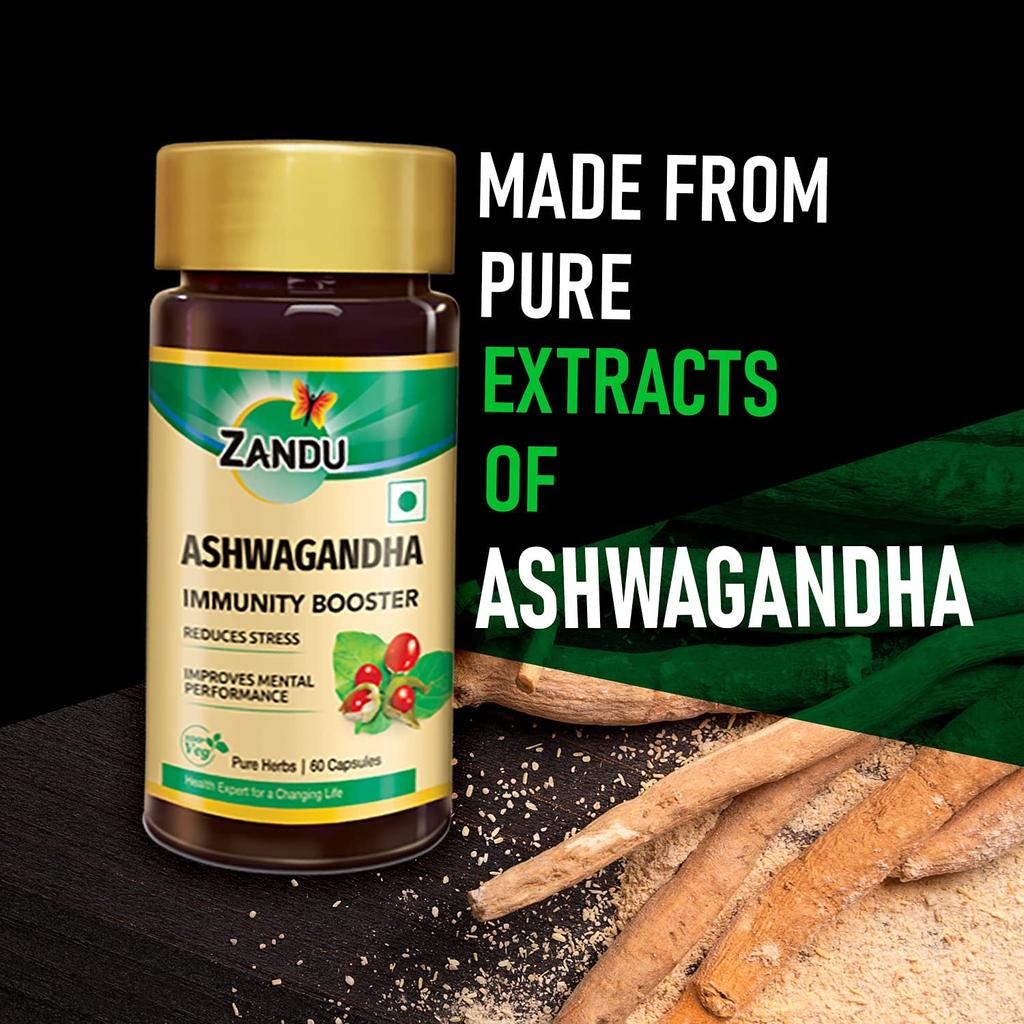 Zandu Ashwagandha 60 Veg Capsules 250mg | Pure Root Extract for Stress Relief, Immunity & Stamina, Rejuvenates Mind and Body