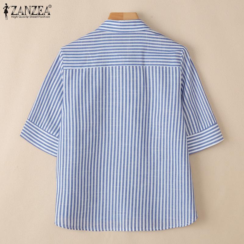 ZANZEA Women Casual Turn Down Collar Loose 3/4 Sleeve Stripe Blouse