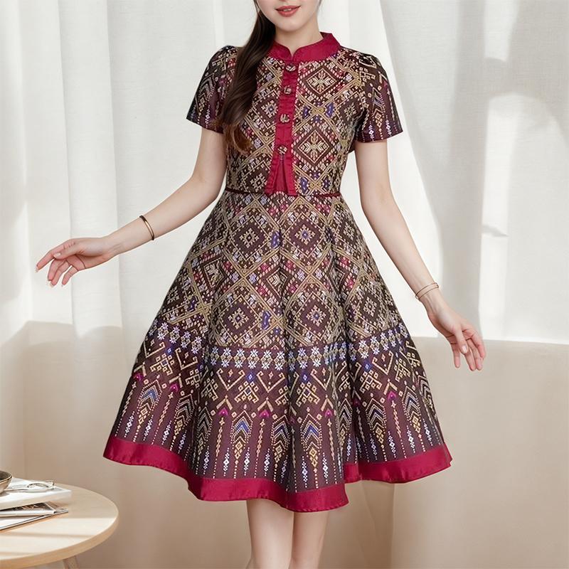 ZANZEA Women Casual Stand Neck Summer Short Sleeve Print Dress