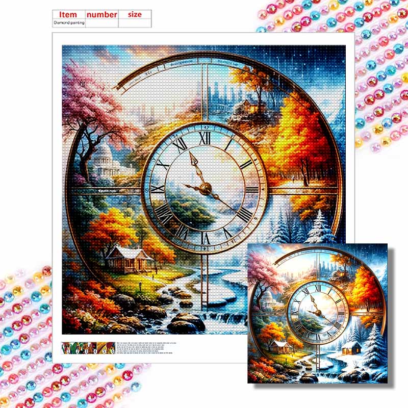 Novinka 5D DIY Celokruhová diamantová malba „Ilustrace krajiny s hodinami“ Vyšívání Křížkový steh Domácí dekorace Dárek