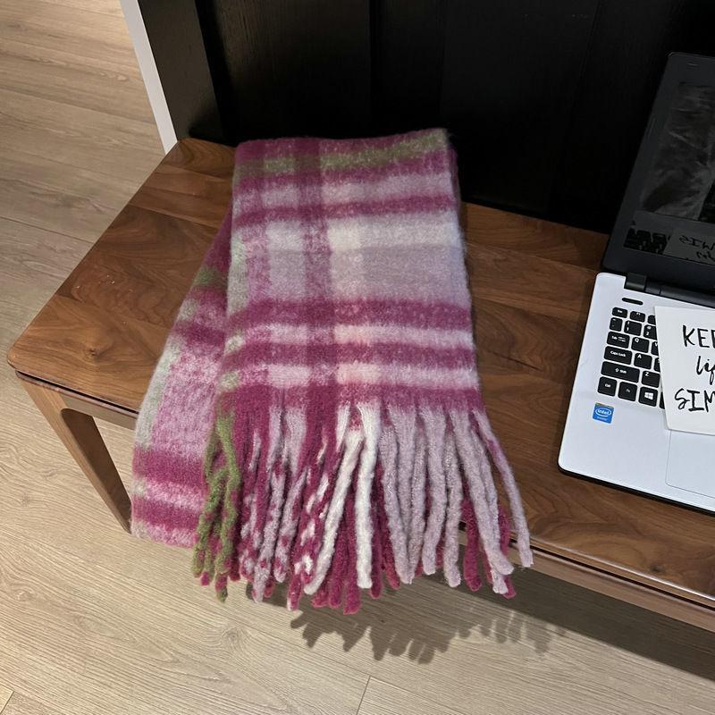 Winter Thickened Mohair Scarf for Women Rainbow Plaid Tassel Shawl Student Versatile Warm Scarf Trendy and Warm