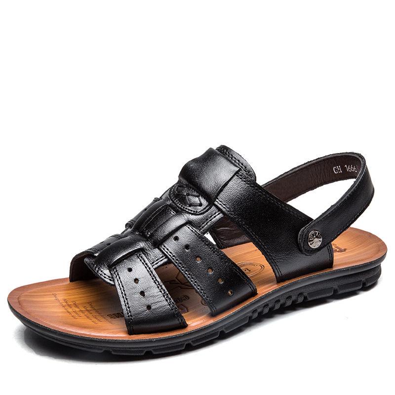 England Cow Leather Men Sandals Shoes Black Brown Hand Sewing Summer Breathable Beach Man Footwear