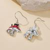 Silver Plated Enamel Mushroom & Black Cat Drop Earrings, Whimsical Forest Dangle Earrings for Women