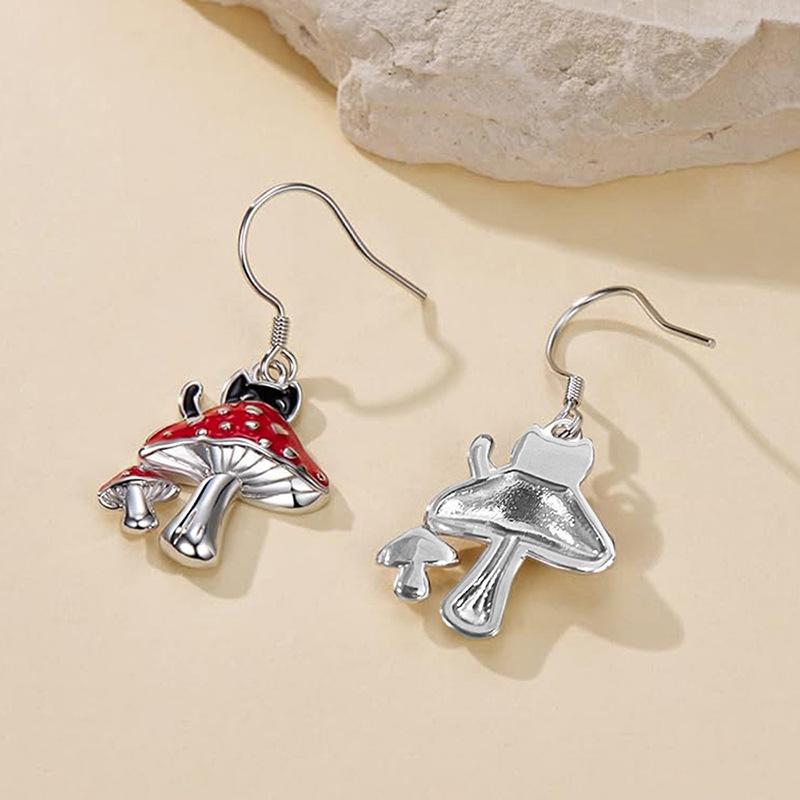 Silver Plated Enamel Mushroom & Black Cat Drop Earrings, Whimsical Forest Dangle Earrings for Women