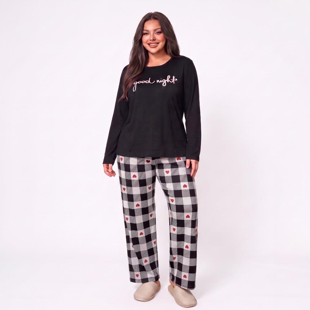 Plus Size Women Pajama Set AutumnWinter Long Sleeve Letter Print Top Plaid Sleepwear Pants Loose Ladies Soft Loungewear Homewear