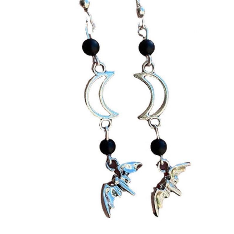 Handmade Gothic Bat Crescent Silver Earrings