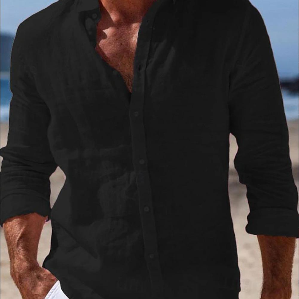 Herrenhemden Frühling/Sommerhemden Strandbekleidung Button-Down-Hemden Einfarbig Urlaubs-Casual Langarm mit Kragen