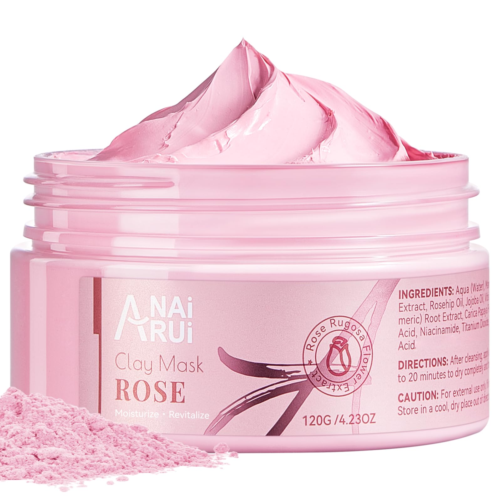 

ANAiRUi Rose Clay Facial with Kaolin Pink Hyaluronic for Blackhead Pores Face Masks Skin 120g Mask, Clay, Niacinamide, Collagen, Acid, Moisturizing,