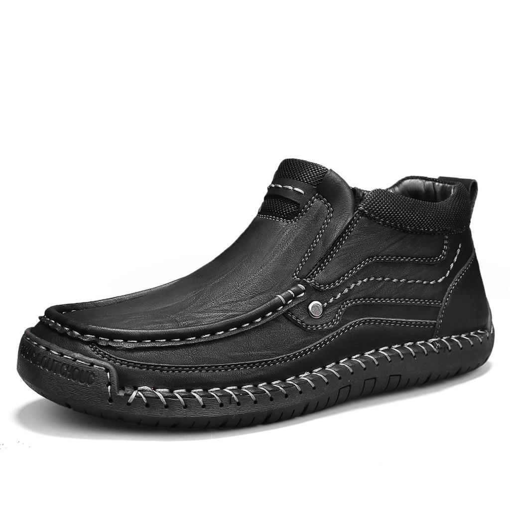 Cross-popular men's shoes 48 flat bottom hand-stitched men's mid-top loafers retro leather