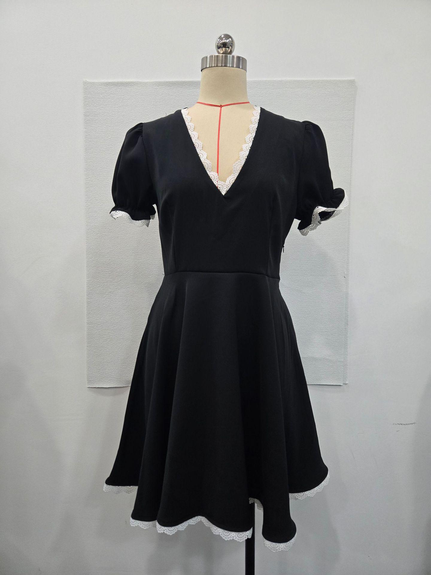 Hepburn Style V-Neck Lace Trim Color Block Bodycon Dress - Short Sleeve & Sexy Puff Skirt Medium