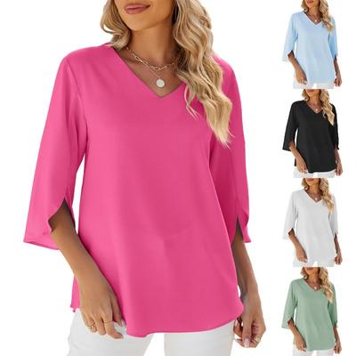 Fashion Solid Verstärktes V-Ausschnitt Chiffon Bluse Damen Tops Lose Mid Sleeve Freizeithemd für Damen 2024 Sommer Plus Size Elegante Hemden 24295