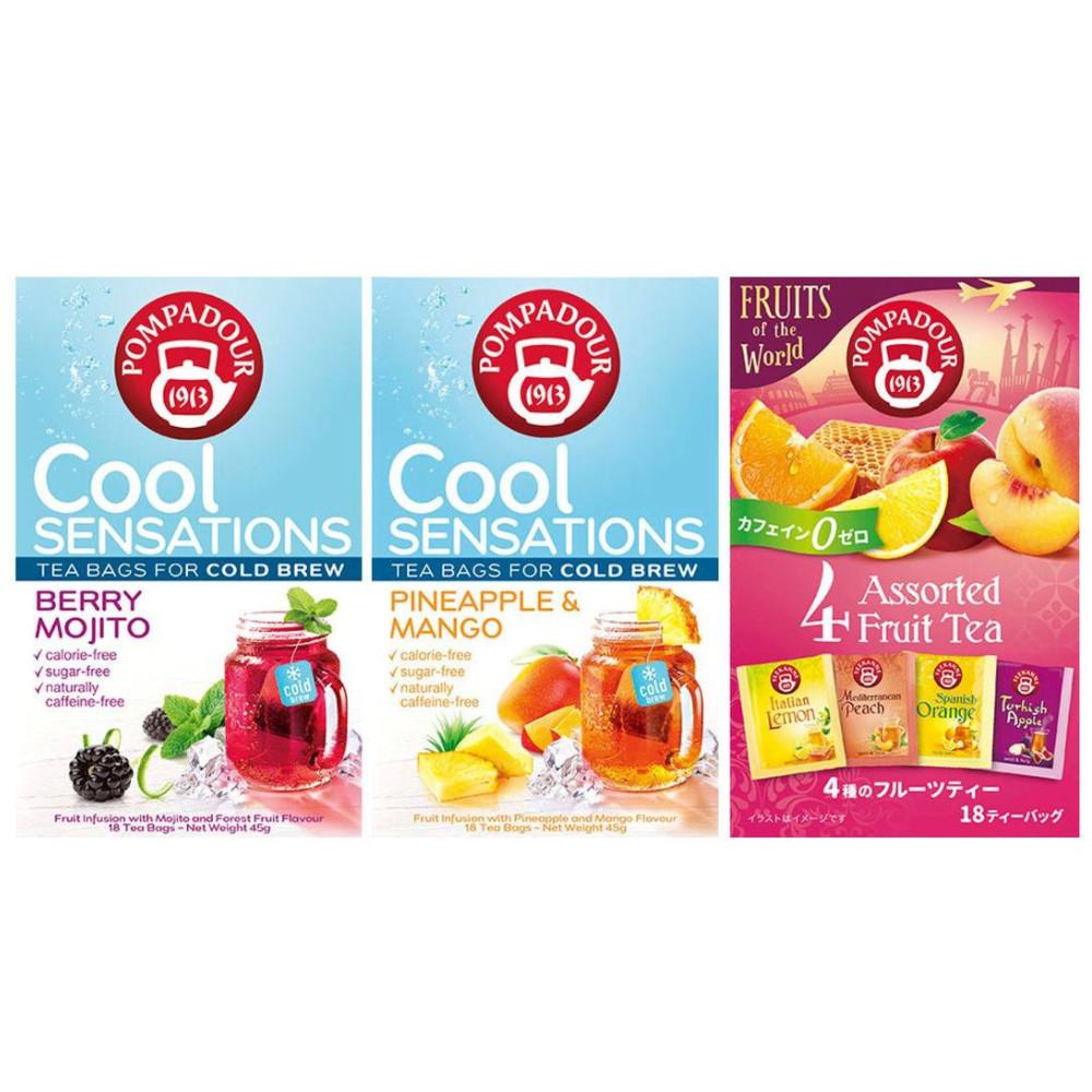 Pompadour Cool Sensation Berry Mojito / Pineapple & Mango / 4 Assorted Fruits Teabags (1 Box, 18 Bags)