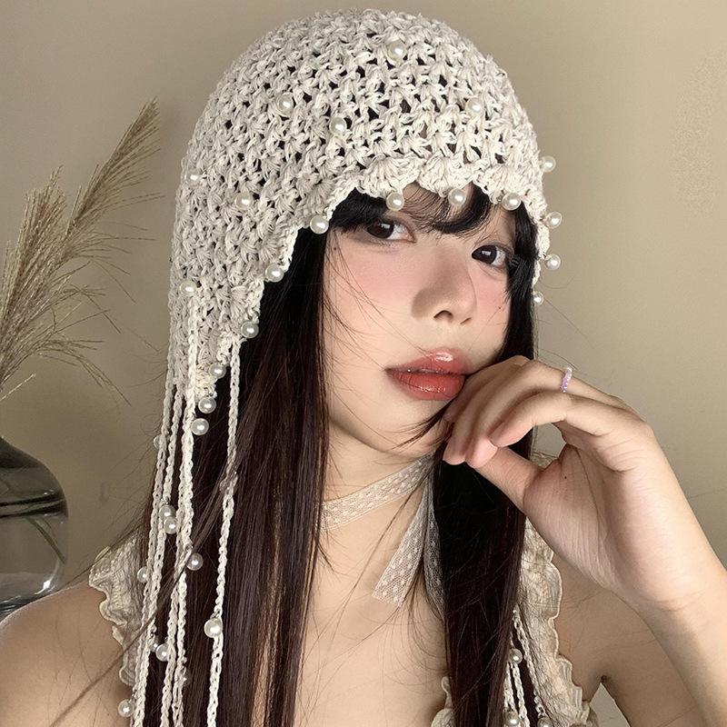 Hollow Pearl Tassel Pendant Baotou Hat Women's Summer Famous Style Knitted Pullover Hat Retro Face Small Hat Women
