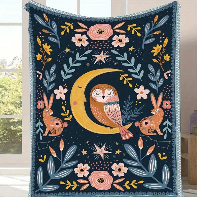 

1pc Cute Owl And Rabbit Print Blanket, Soft Warm Throw Blanket Nap Blanket for Couch Sofa Office Bed Camping Travel, Multi-purpose Gift Blanket 130cmx150cm