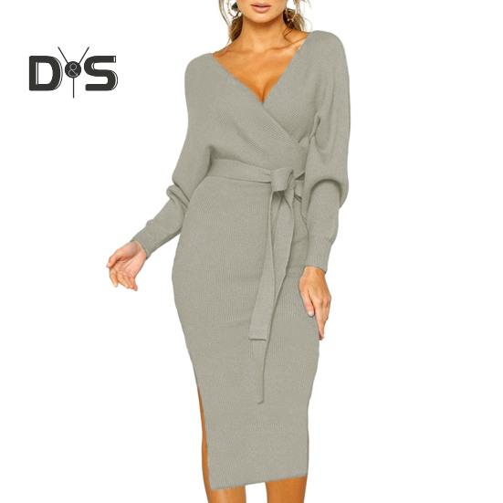Sukienka damska na jesień i zimę z dekoltem w serek, sznurowana, z paskiem, wąska w talii, jednokolorowa, dzianinowa, elastyczna, do połowy łydki, z długim rękawem, dopasowana, damska sukienka dojazdowa