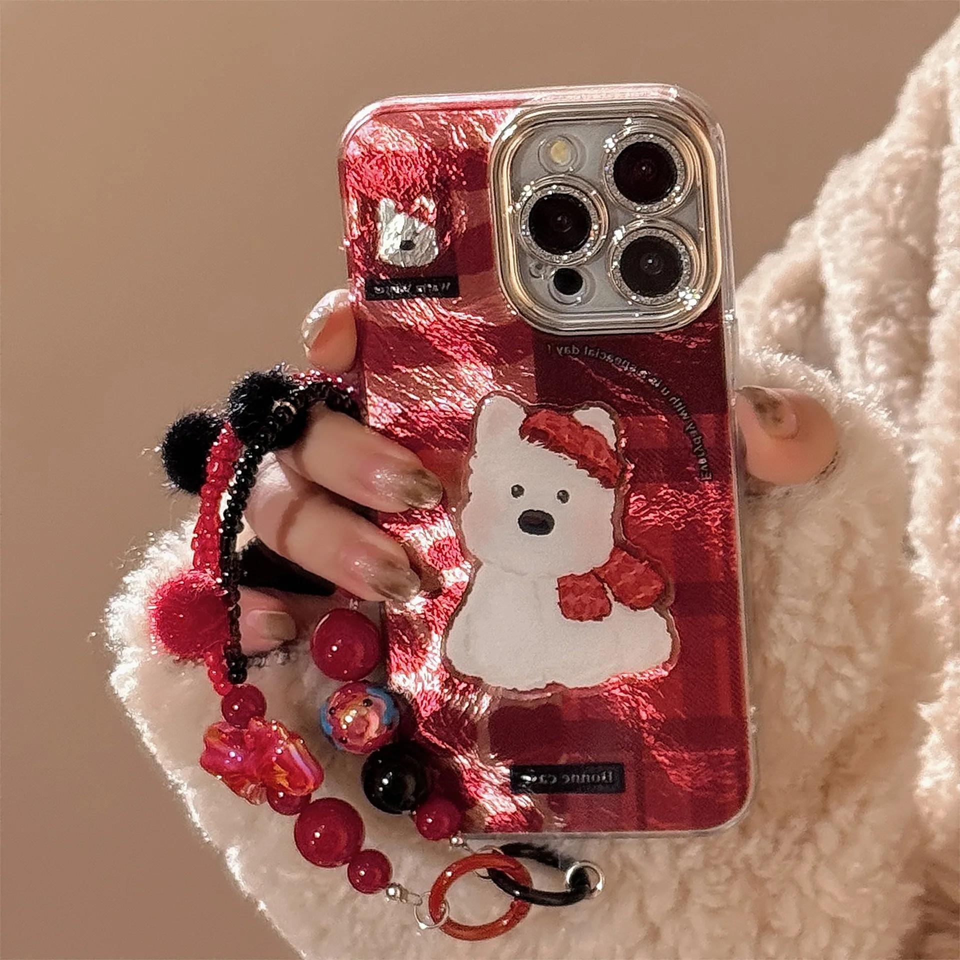 

Korean Lattice 3D Cartoon Puppy Phone Case for iPhone 17 16e 15 14 13 12 11 Pro Max XS XR X 7 8 Plus With Chain Shockproof Cover iPhone Air