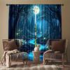 2PCS Digital Printed Curtains, Blue Magic Forest Stream Fireflies Moon, Enchanted Woodland Night Fairy Tale Window Decor