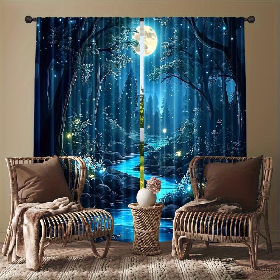 2PCS Digital Printed Curtains, Blue Magic Forest Stream Fireflies Moon, Enchanted Woodland Night Fairy Tale Window Decor