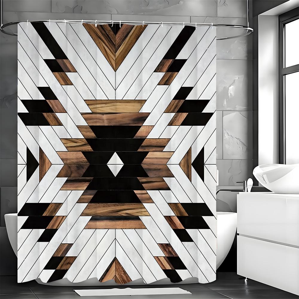 Vintage Geometric Decorative Pattern Shower Curtain, Bathroom Decorative Shower Curtain, Waterproof Shower Curtain with Hooks