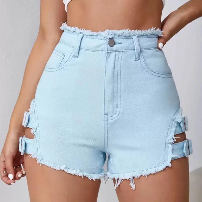 Summer Women Denim Shorts with Frayed Hem Buckle Straps Y2K Fashion Trendy Cut Out Jeans Shorts