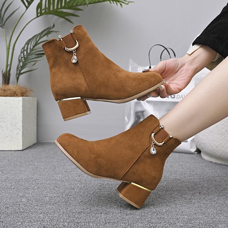 Fashion Women's Autumn and Winter Boots Rhinestone Single Boots Thick Heel Mid-heel Short Boots Frosted Winter Plus Velvet