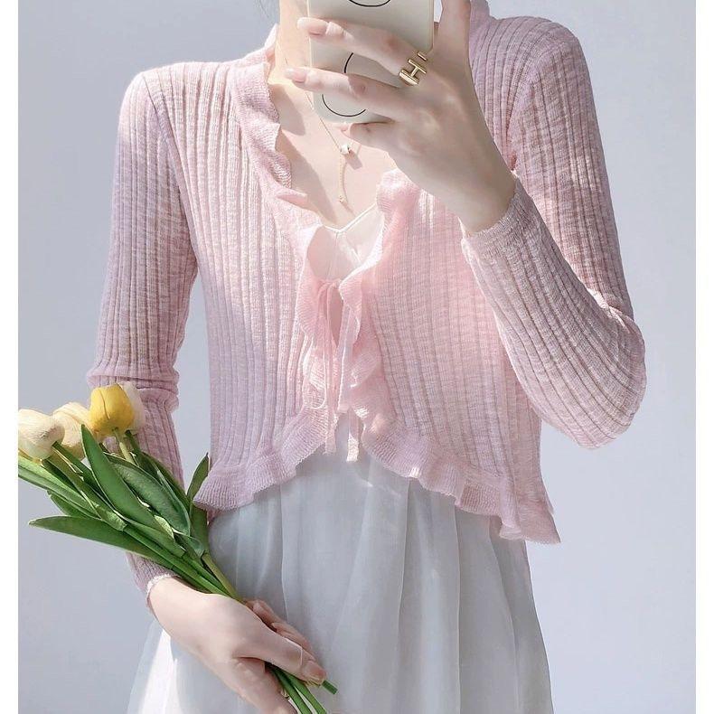 Summer Women's Sunscreen Knitted Shirt Lace Trim One Button Long Sleeve Crop Top Women Short Sleeve Open Front Ribbed Knit Cardigan