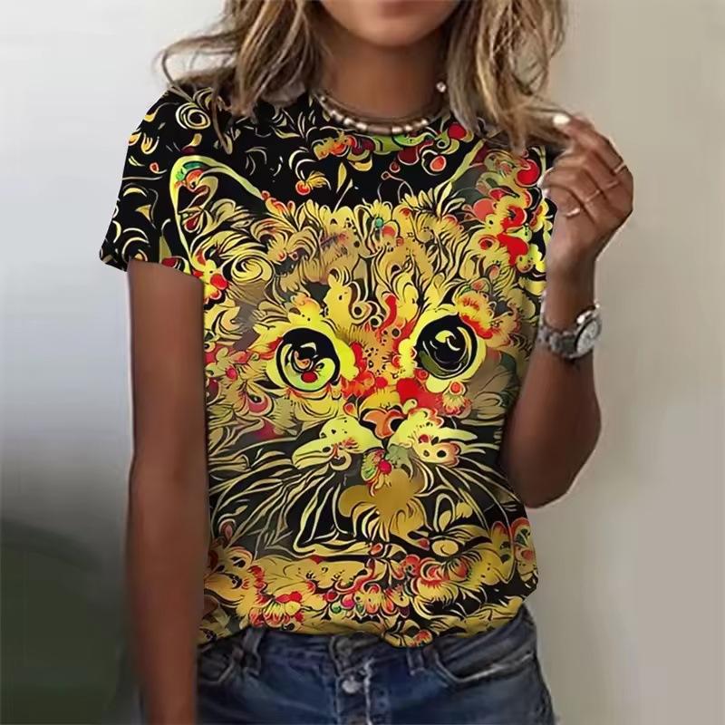 Summer Round Neck 3D Cat Pattern Print Top Fashionable Casual Short Sleeved Women's T-shirts