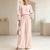 Women's Casual 2 Piece Outfit Set Color Long Sleeve Round Neck Top with Floral Wide Leg Pants
