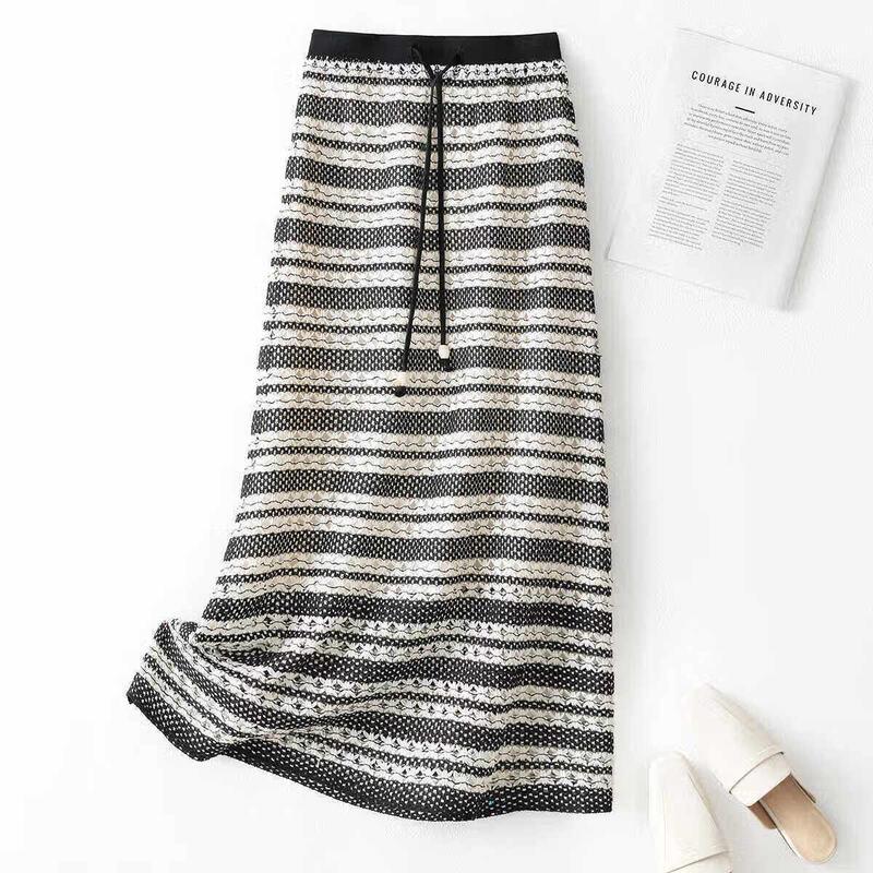

IHIMI Striped A-Line Midi Skirt L