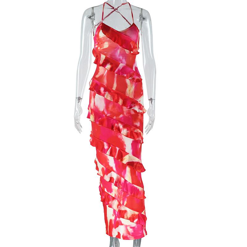 

Модная женская одежда в европейском и американском стиле, модные сексуальные подтяжки с принтом, нестандартное платье со шнуровкой на спине S красный