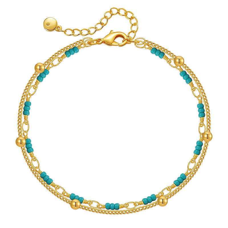 Gold Plated Double Layer Turquoise Color Seed Bead Bracelet With Extension Chain
