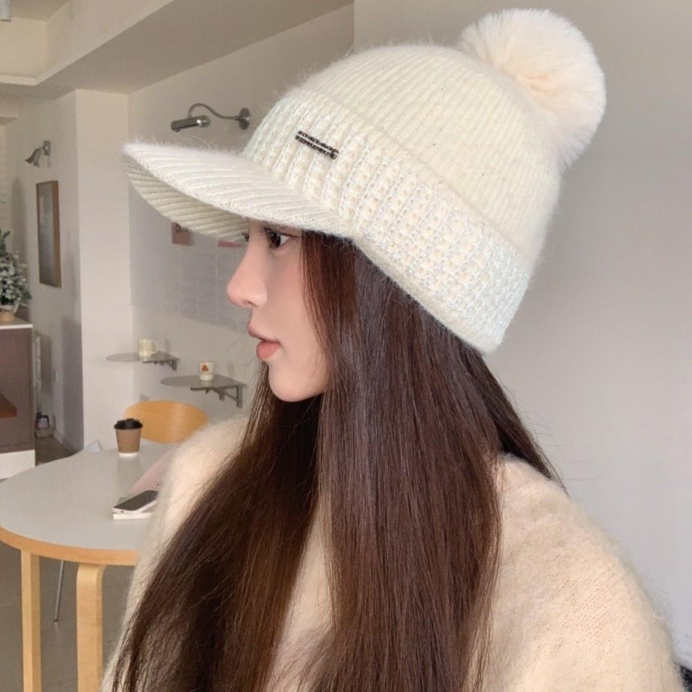 Knitted Winter Baseball Cap Windproof Brimmed Windproof Hat Thermal Knit Visor Beanie Girls
