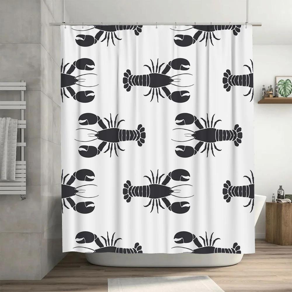 Whimsical Black Lobster Print Shower Curtain For Bathroom Decor White Fabric Waterproof Easy Install Shower Curtain Rings Includ
