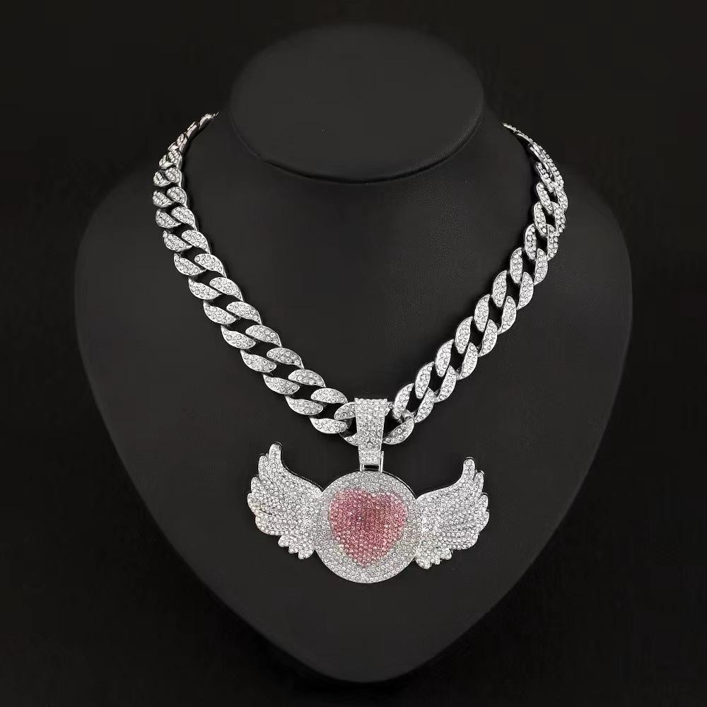 Hip Hop Rap Trendy Creative Pink Diamond Love Angel Wing Pendant Necklace Pink Diamond Love Men's Necklace
