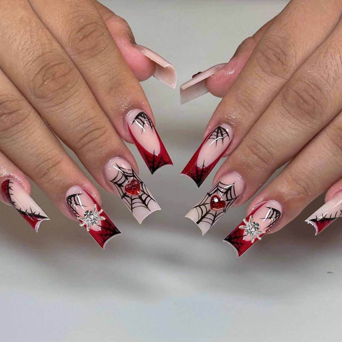 

Red French Tip Halloween Press-on Nails with Spiderweb & Heart Spider Decorations