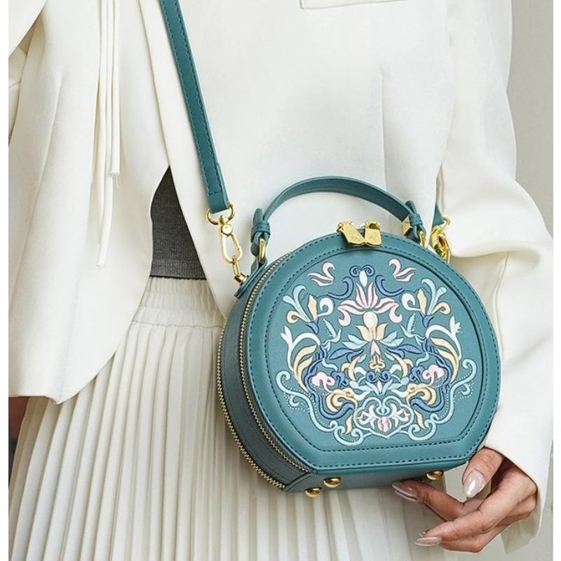 Vintage κέντημα στρογγυλή τσάντα ώμου, τσάντα χειρός με φερμουάρ, τσάντα κλασικής τάσης